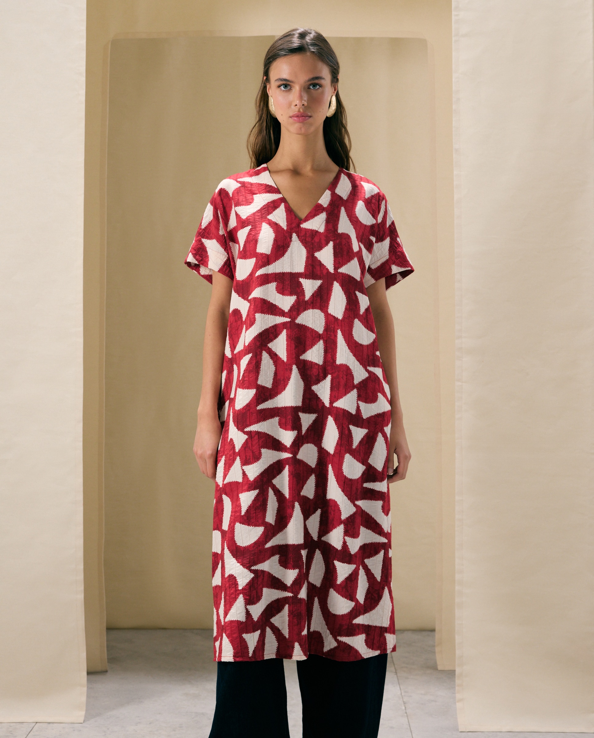 Vestido Kaftan com Palmeira Vermelho-3