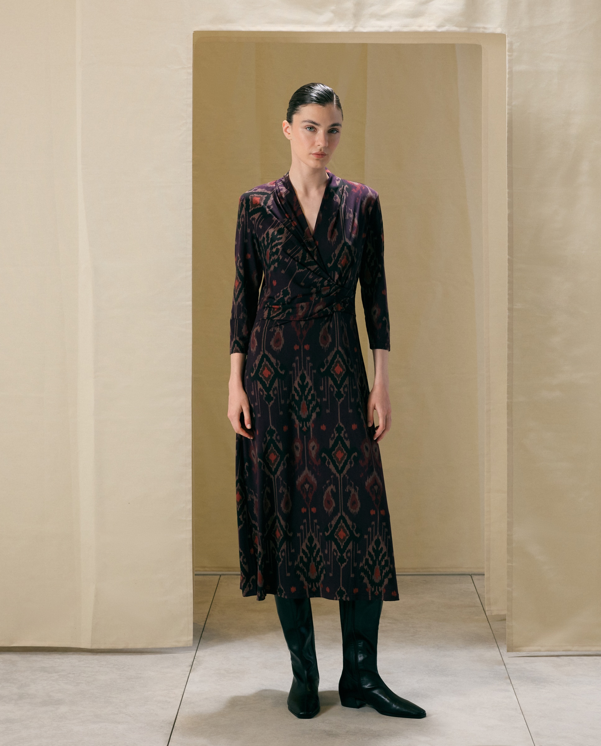 Vestido Midi Evasê com Manga Comprida Roxo-2