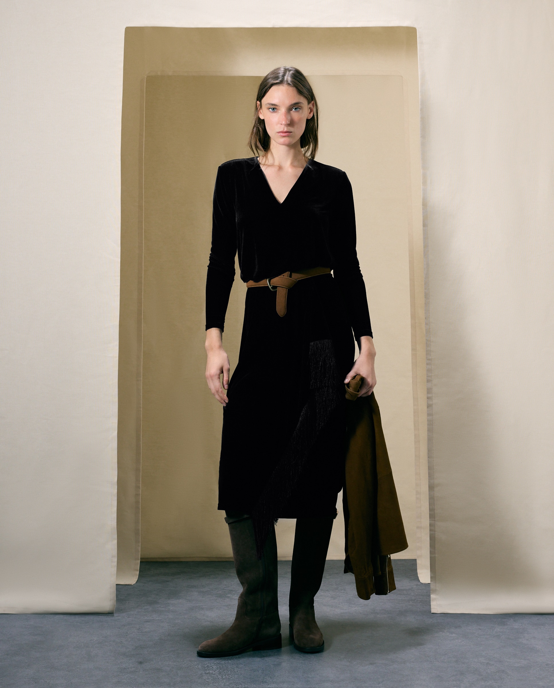 Vestido terciopelo flecos - Woman El Corte Inglés - Negro Negro-2