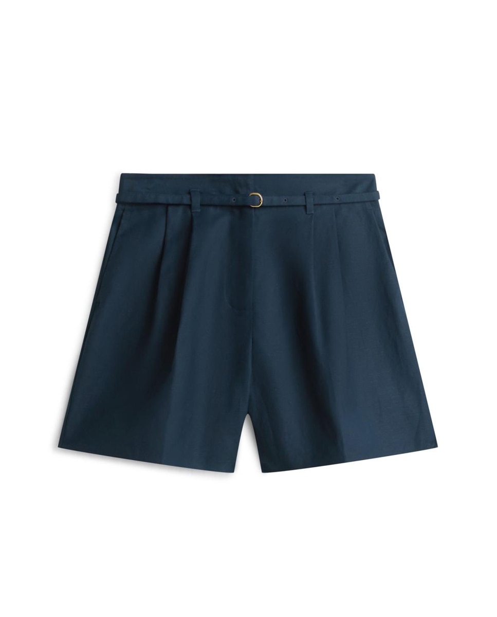Calções em Mistura de Linho com Pinças Azul-marinho-5