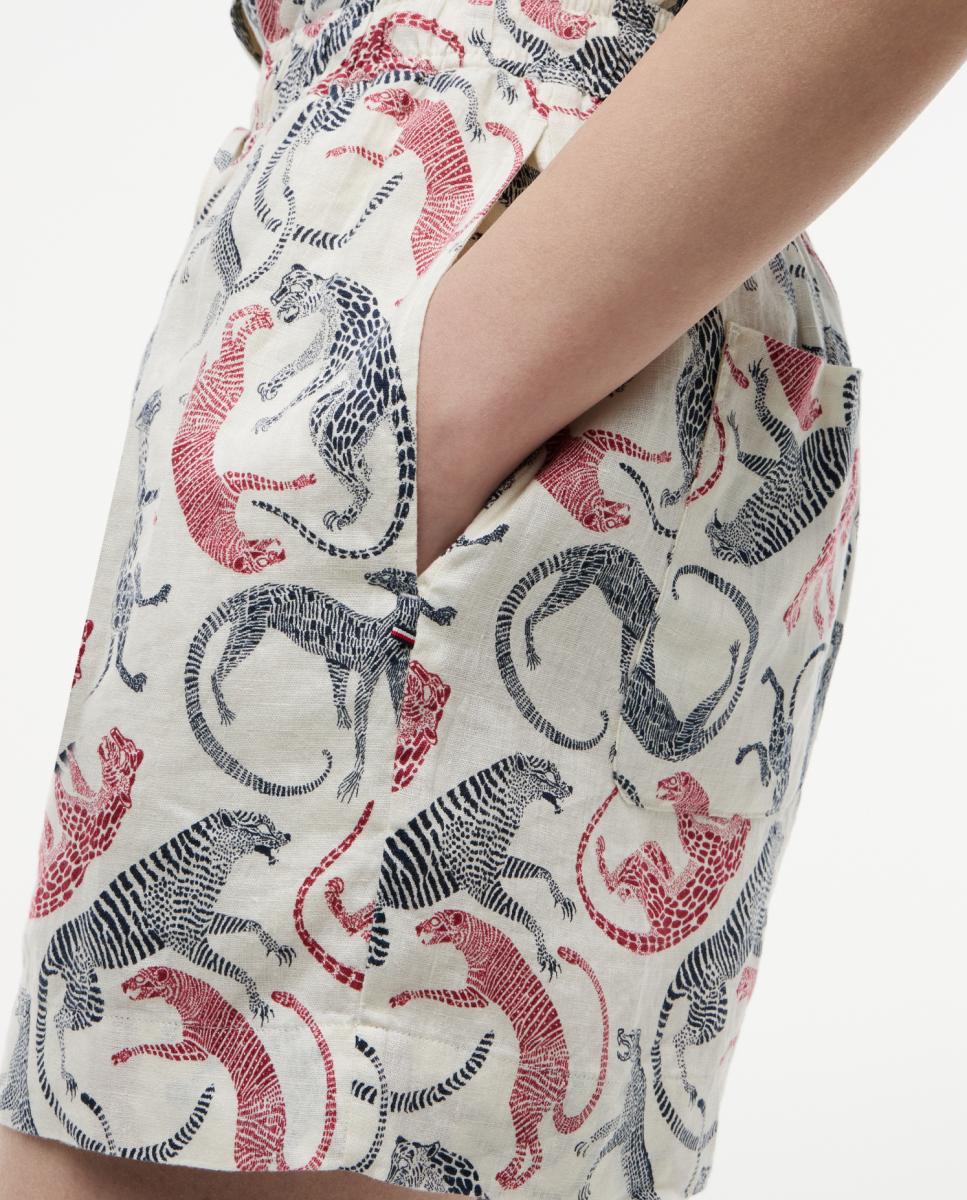 Calções de Linho com Animal Print de Leopardo Cru-4