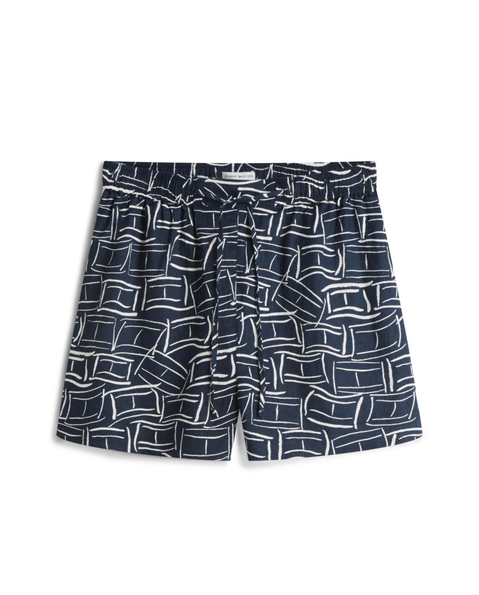 Calções de Linho com Estampado Geométrico Azul-marinho-5