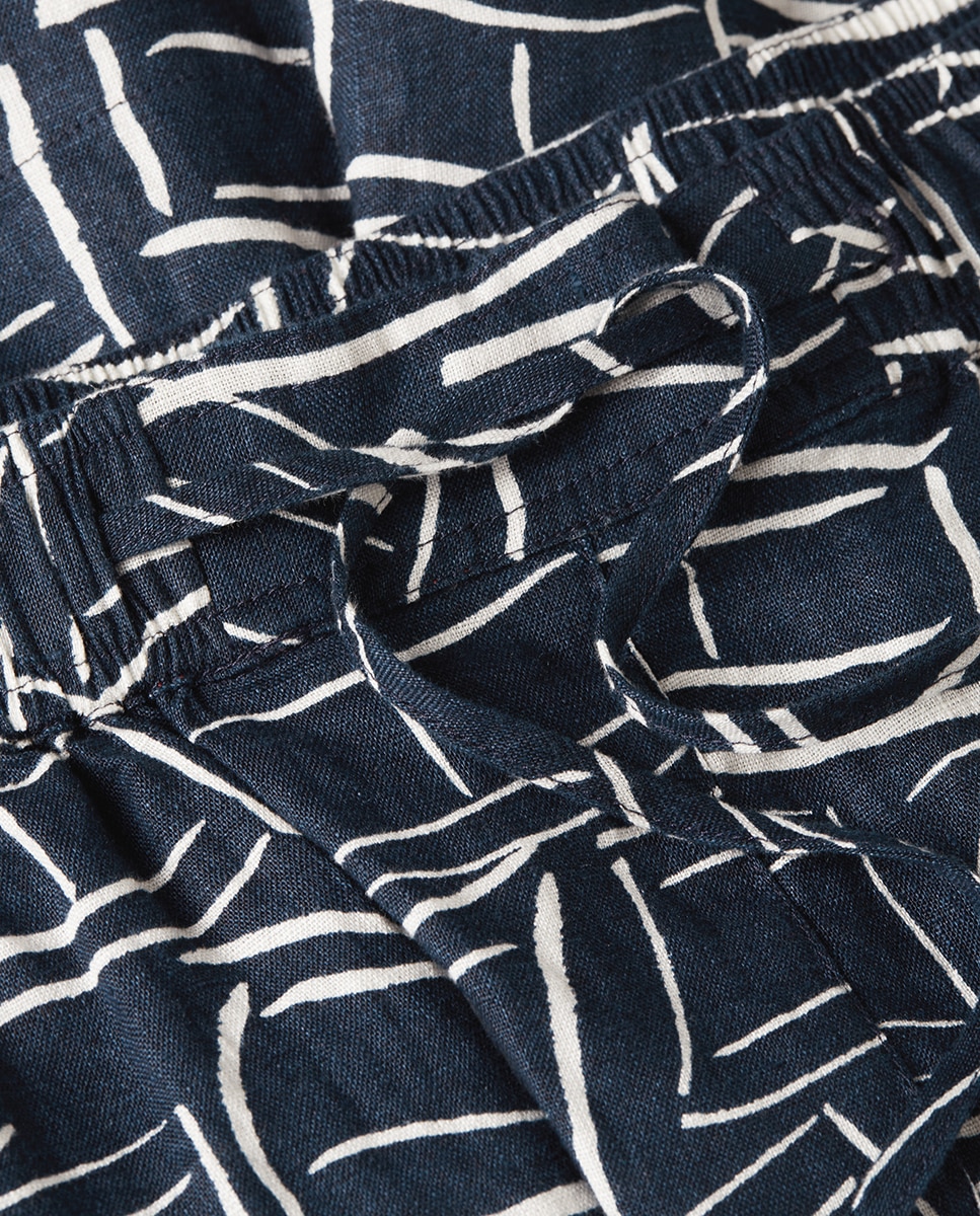 Calções de Linho com Estampado Geométrico Azul-marinho-7