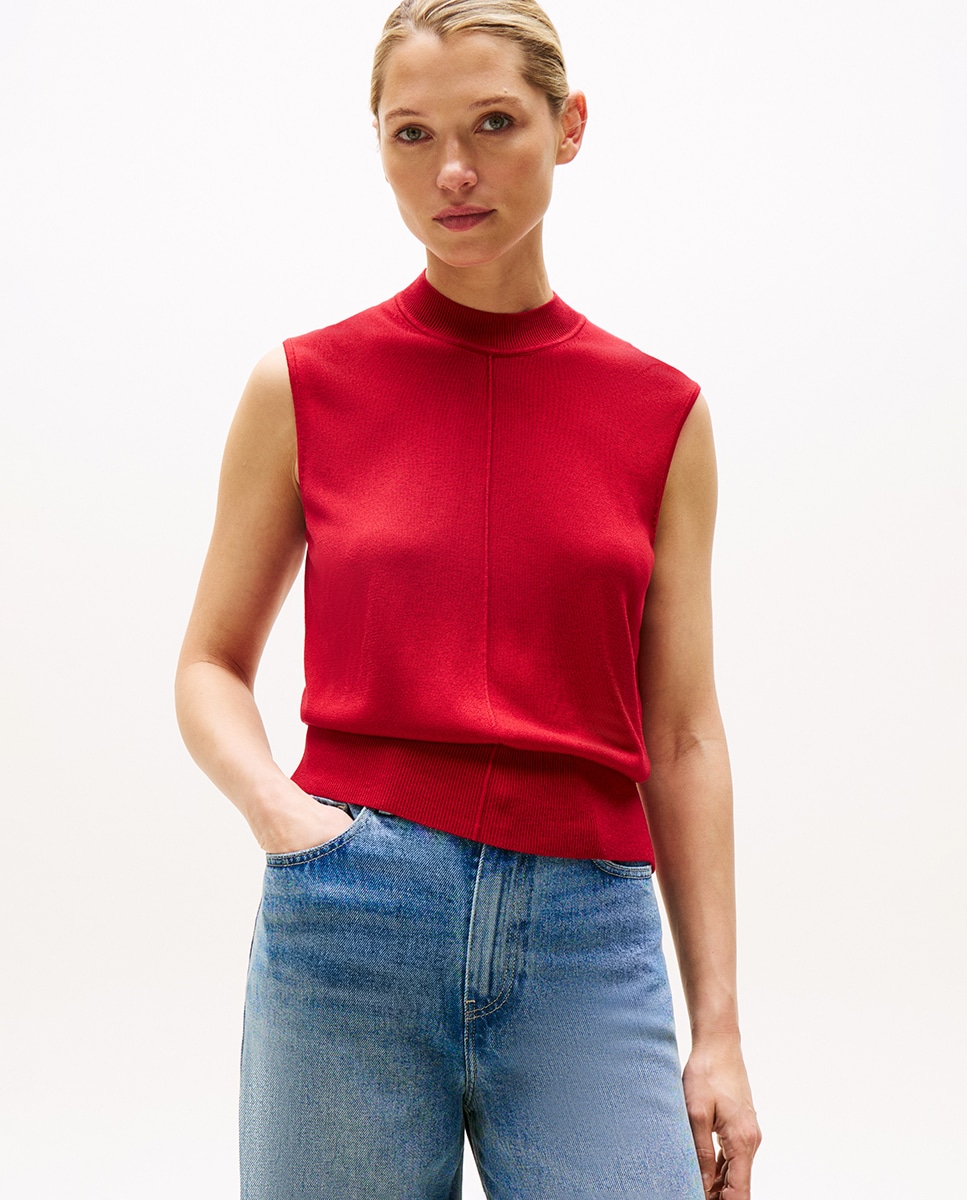 Camisola de Malha sem Mangas com Meia Gola Vermelho-1