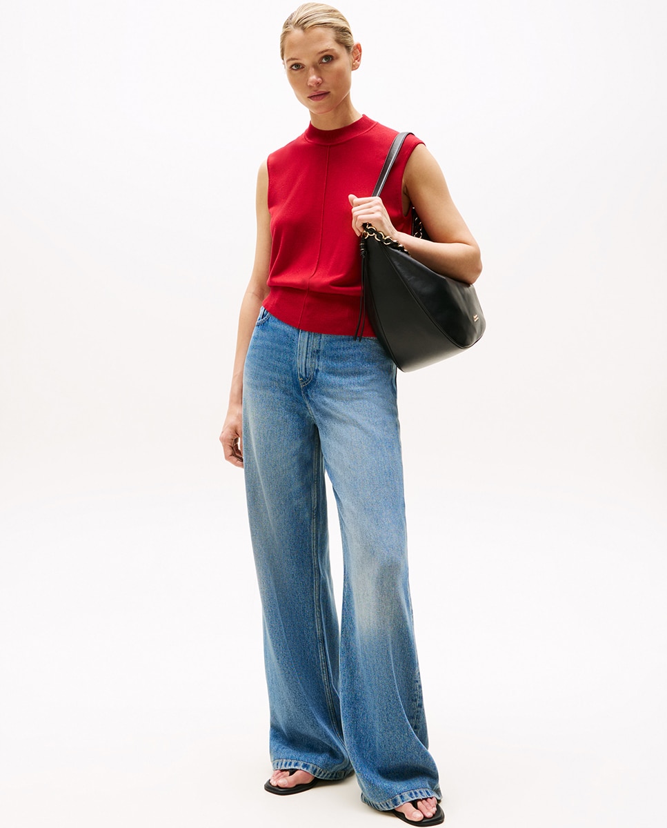 Camisola de Malha sem Mangas com Meia Gola Vermelho-3