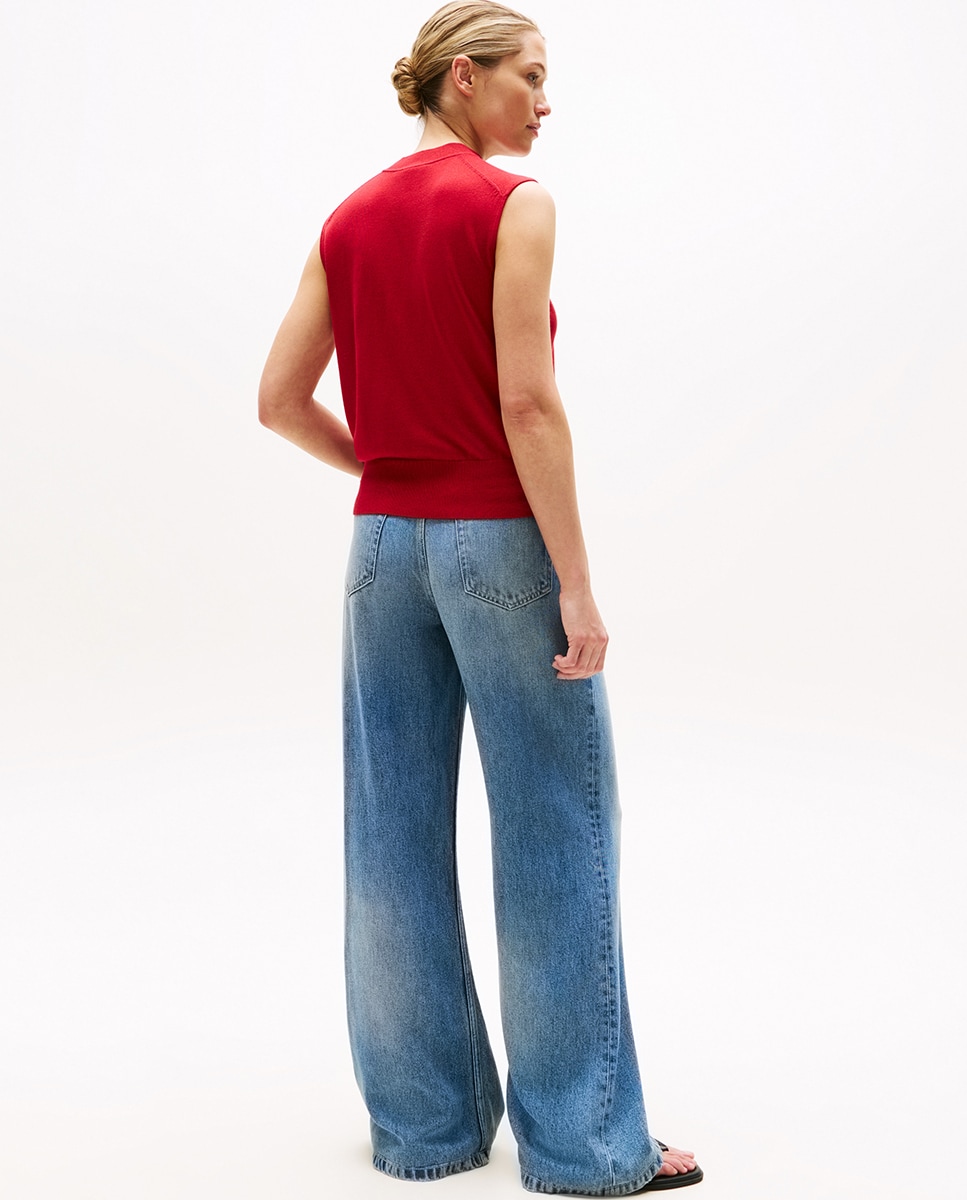 Camisola de Malha sem Mangas com Meia Gola Vermelho-4