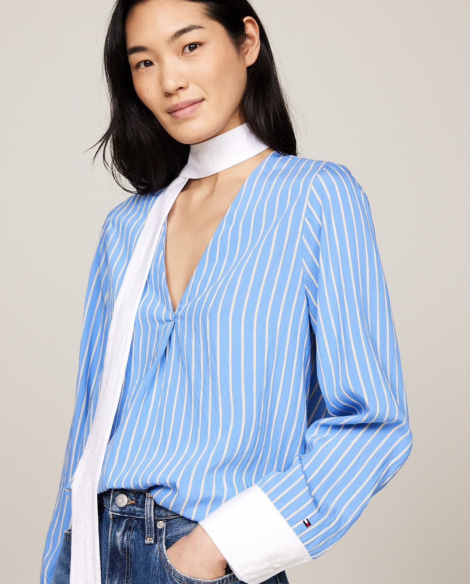 Blusa estampada de mulher com decote em bico Azul-3