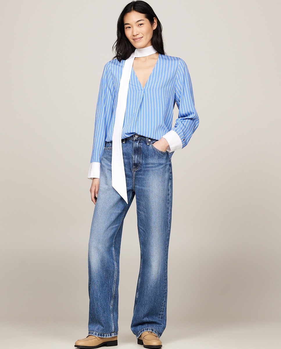 Blusa estampada de mulher com decote em bico Azul-8