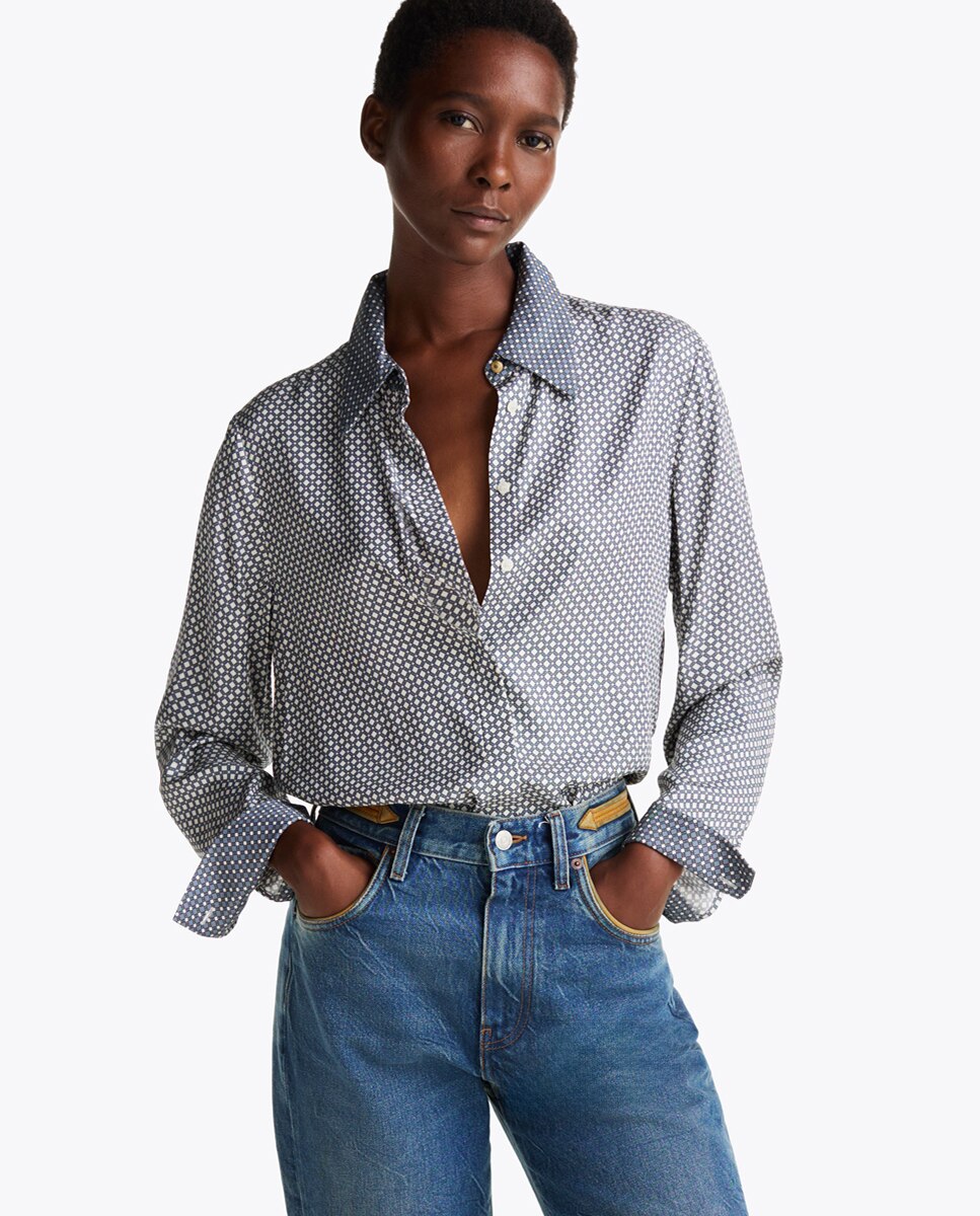 Camisa Fluida e Estampada com Manga Comprida Azul-claro-1