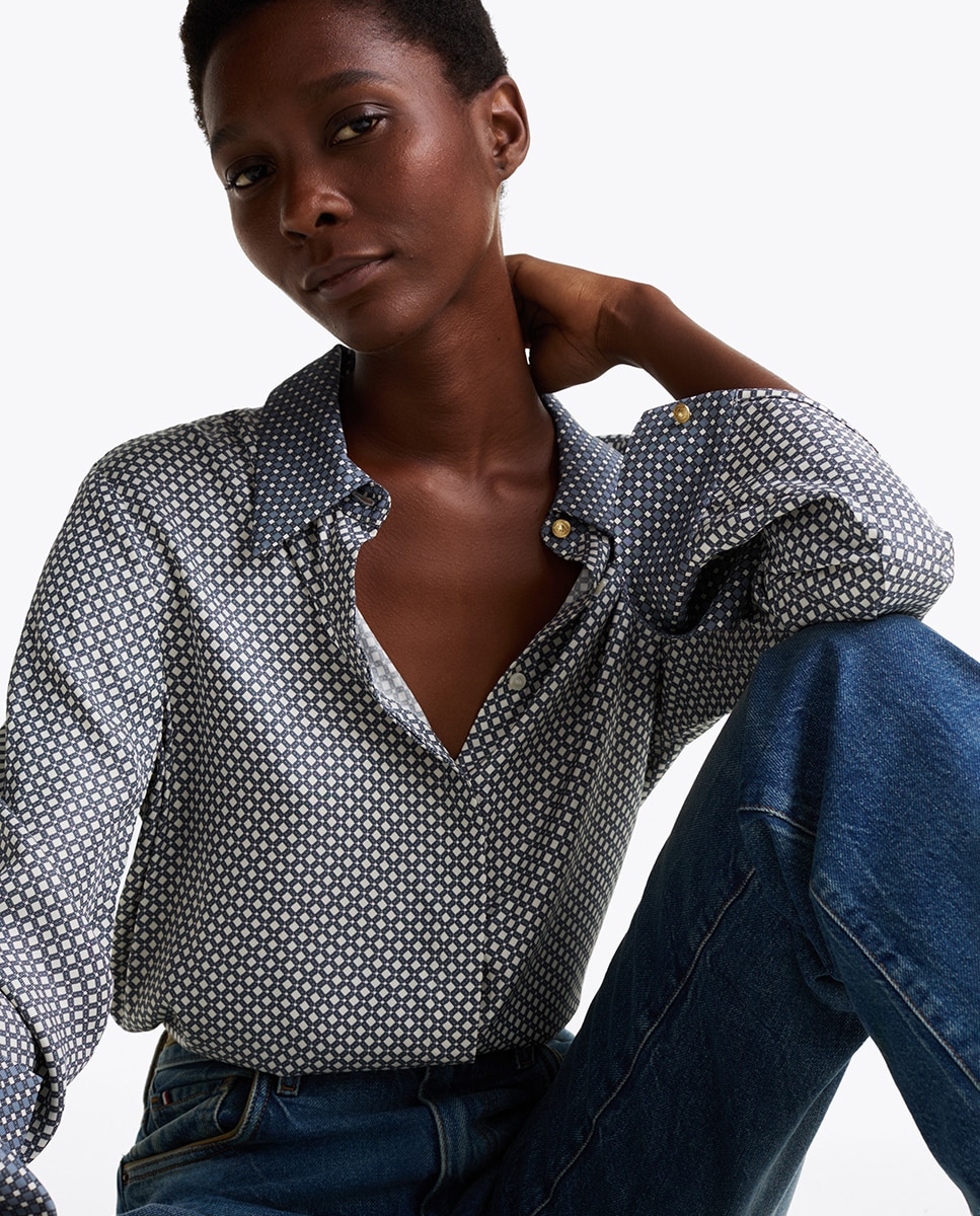 Camisa Fluida e Estampada com Manga Comprida Azul-claro-3