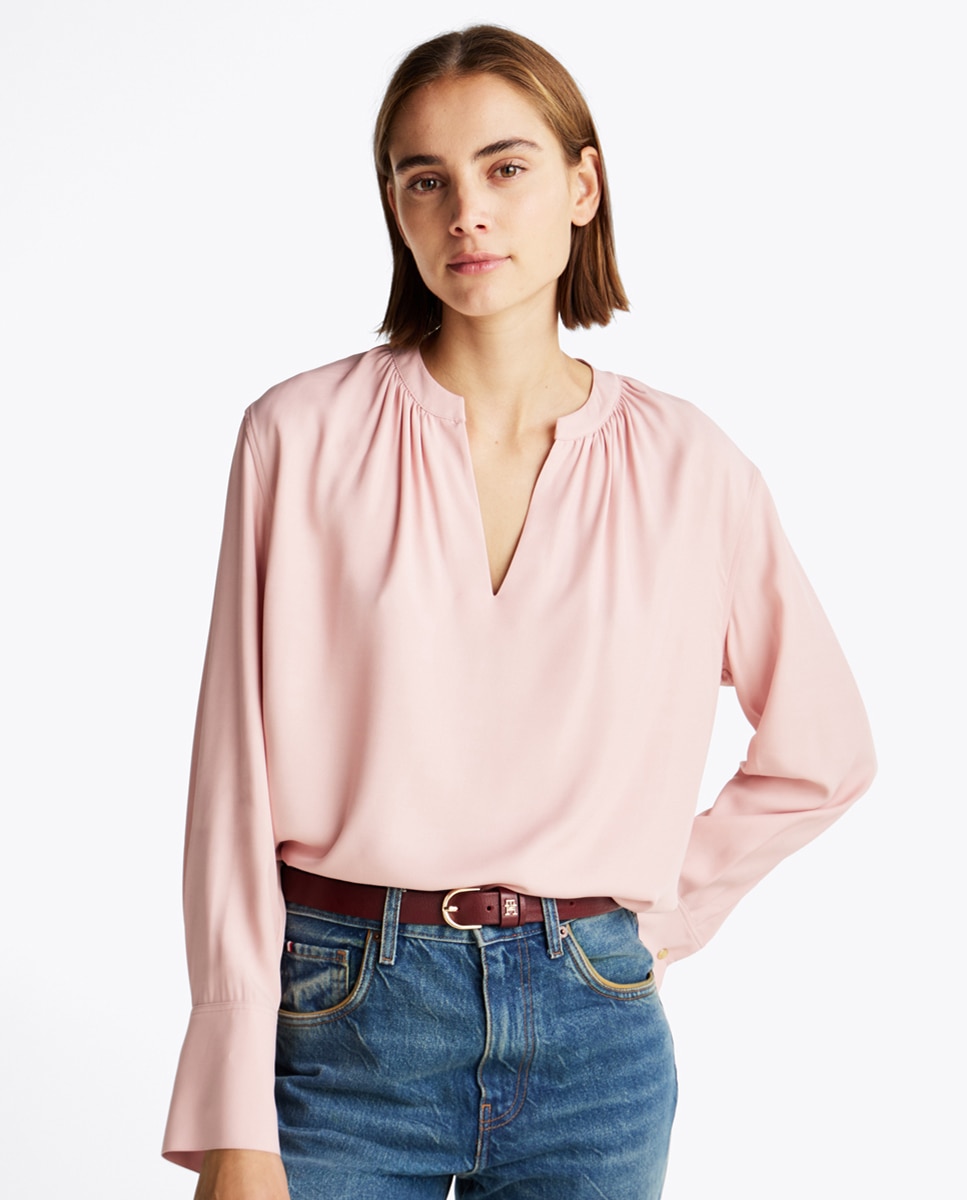 Blusa de Manga Comprida Fluida com Decote em Bico Rosa-claro-1