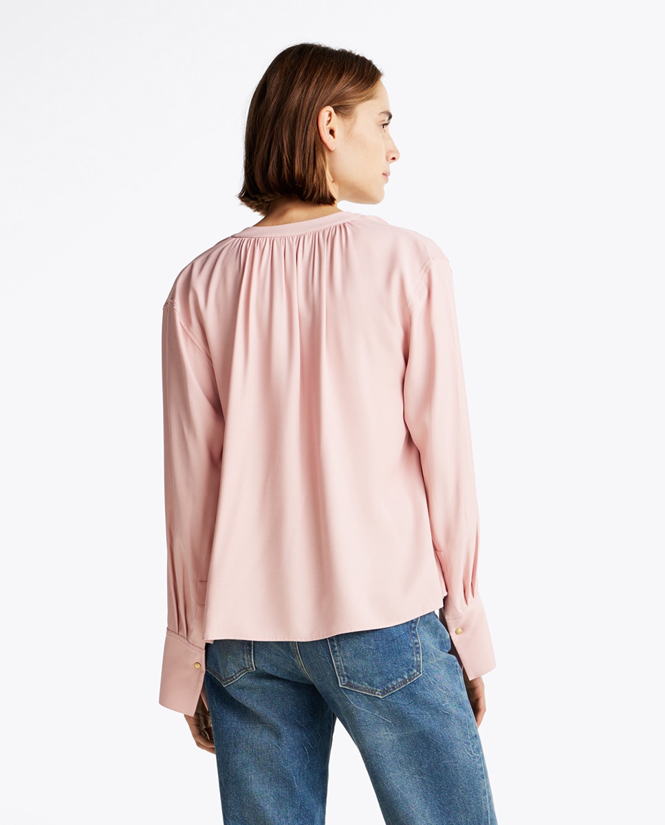 Blusa de Manga Comprida Fluida com Decote em Bico Rosa-claro-2