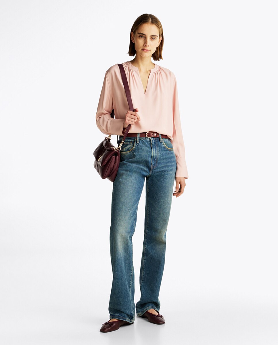 Blusa de Manga Comprida Fluida com Decote em Bico Rosa-claro-6