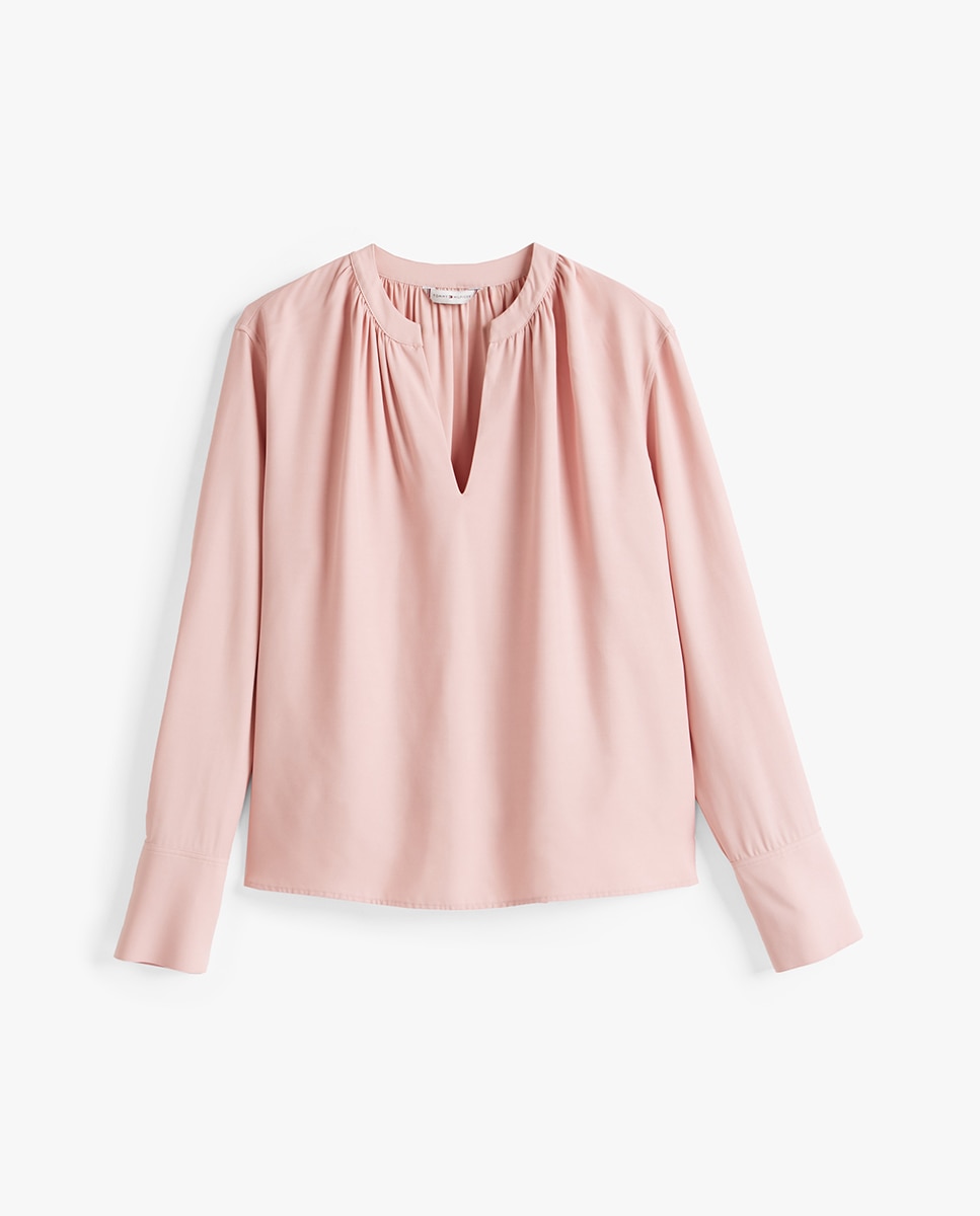 Blusa de Manga Comprida Fluida com Decote em Bico Rosa-claro-4