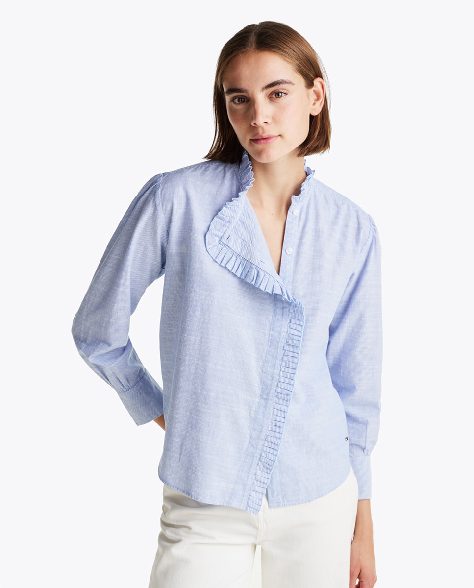 Camisa de Manga Comprida com Folhos Azul-claro-1