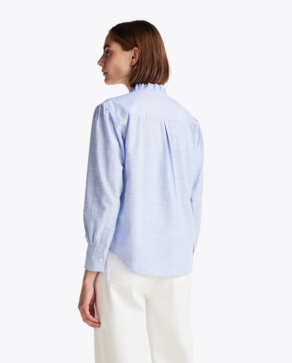 Camisa de Manga Comprida com Folhos Azul-claro-2