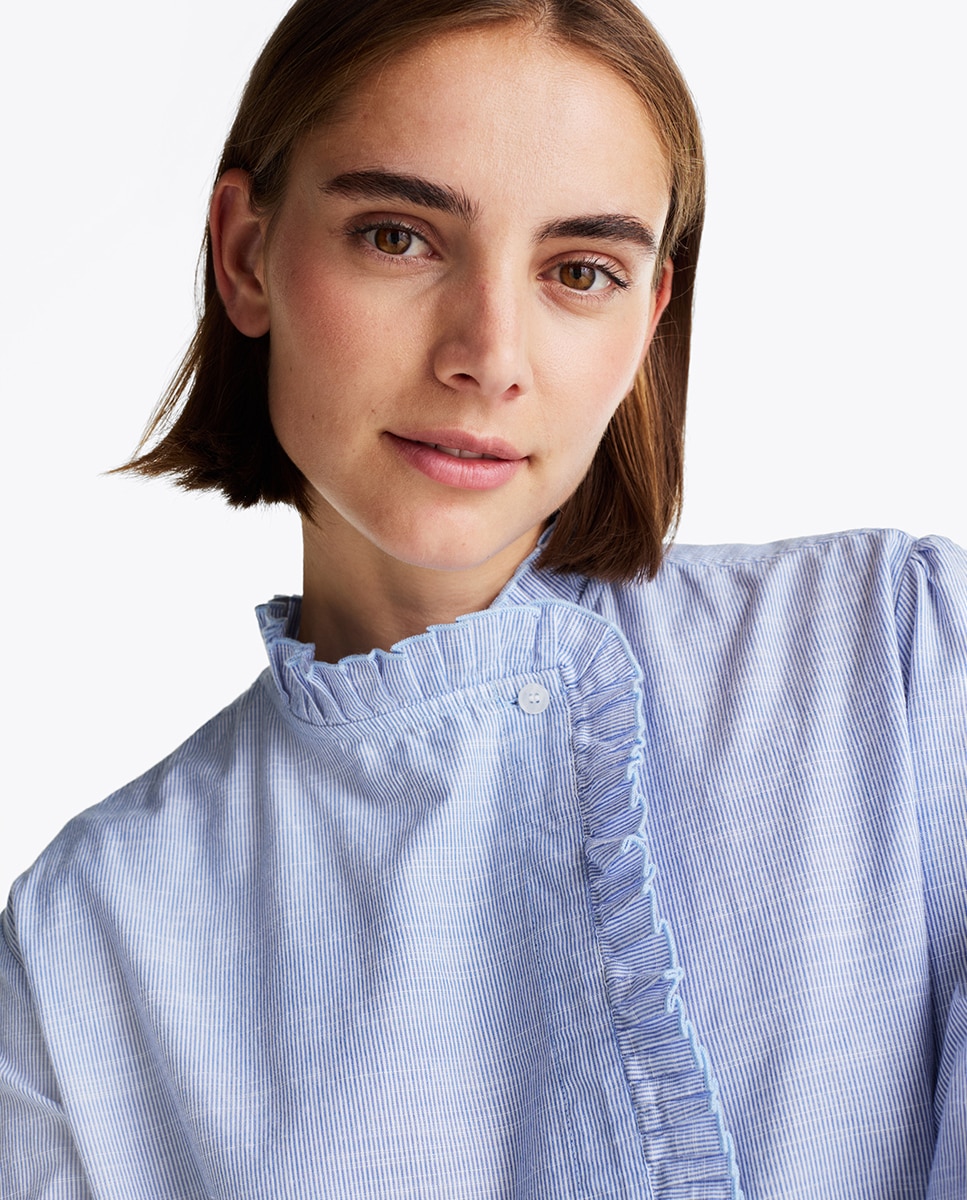 Camisa de Manga Comprida com Folhos Azul-claro-3