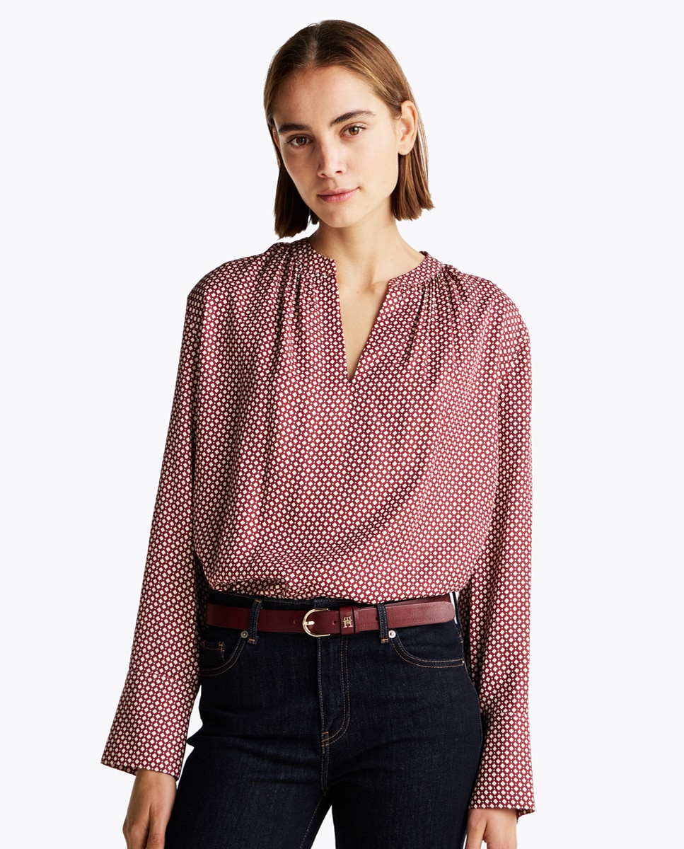 Blusa de Manga Comprida Fluida com Decote em Bico Vermelho-1