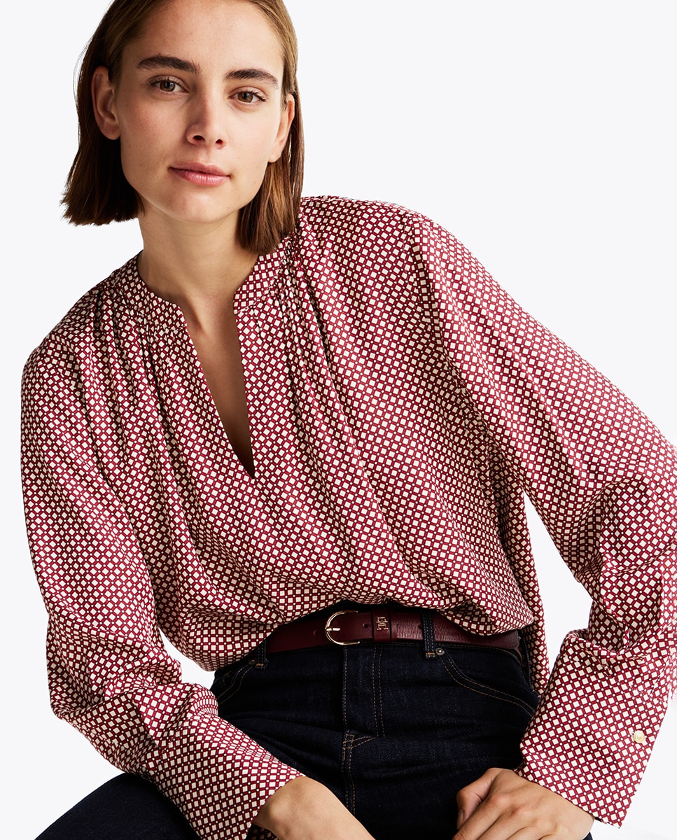 Blusa de Manga Comprida Fluida com Decote em Bico Vermelho-3