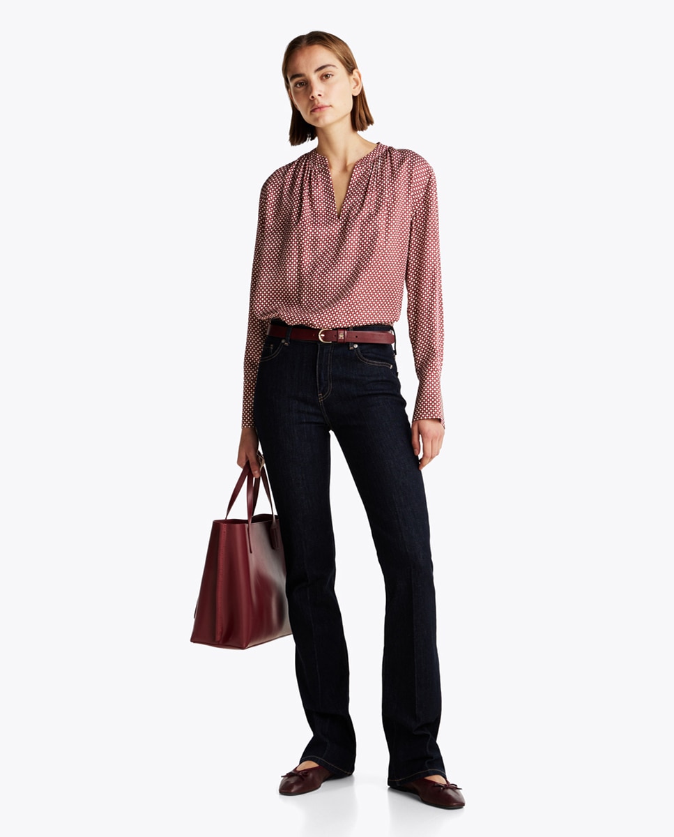 Blusa de Manga Comprida Fluida com Decote em Bico Vermelho-6