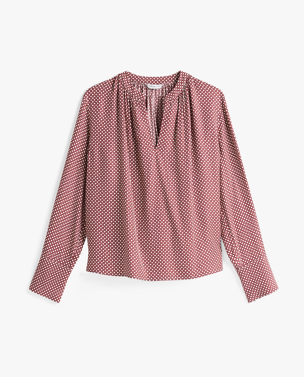 Blusa de Manga Comprida Fluida com Decote em Bico Vermelho-4