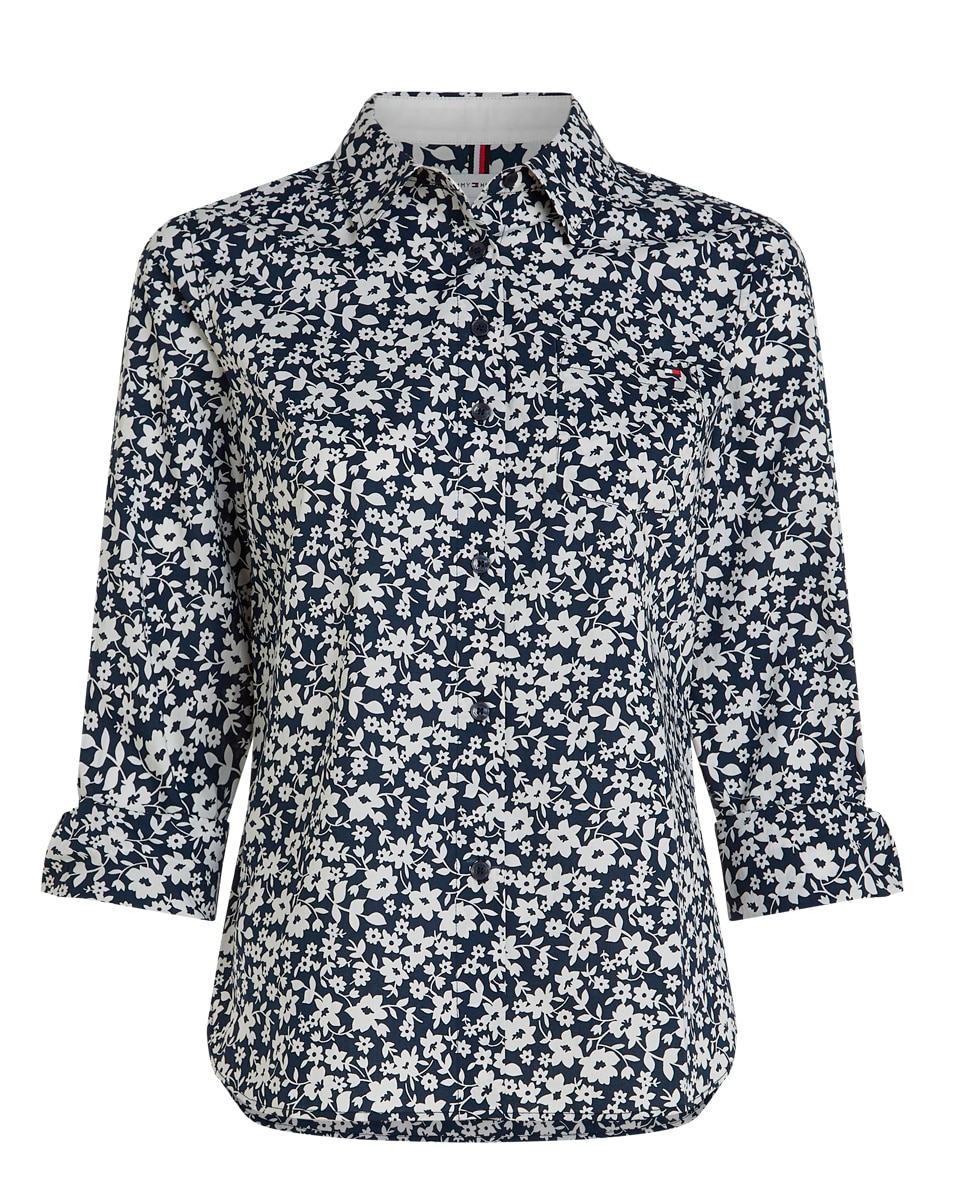 Camisa com Estampado Floral e Manga Comprida Azul-marinho-1