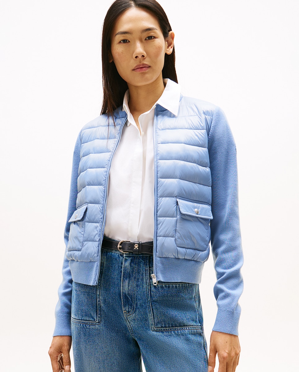 Casaco em Mistura Acolchoada e Malha Azul-1