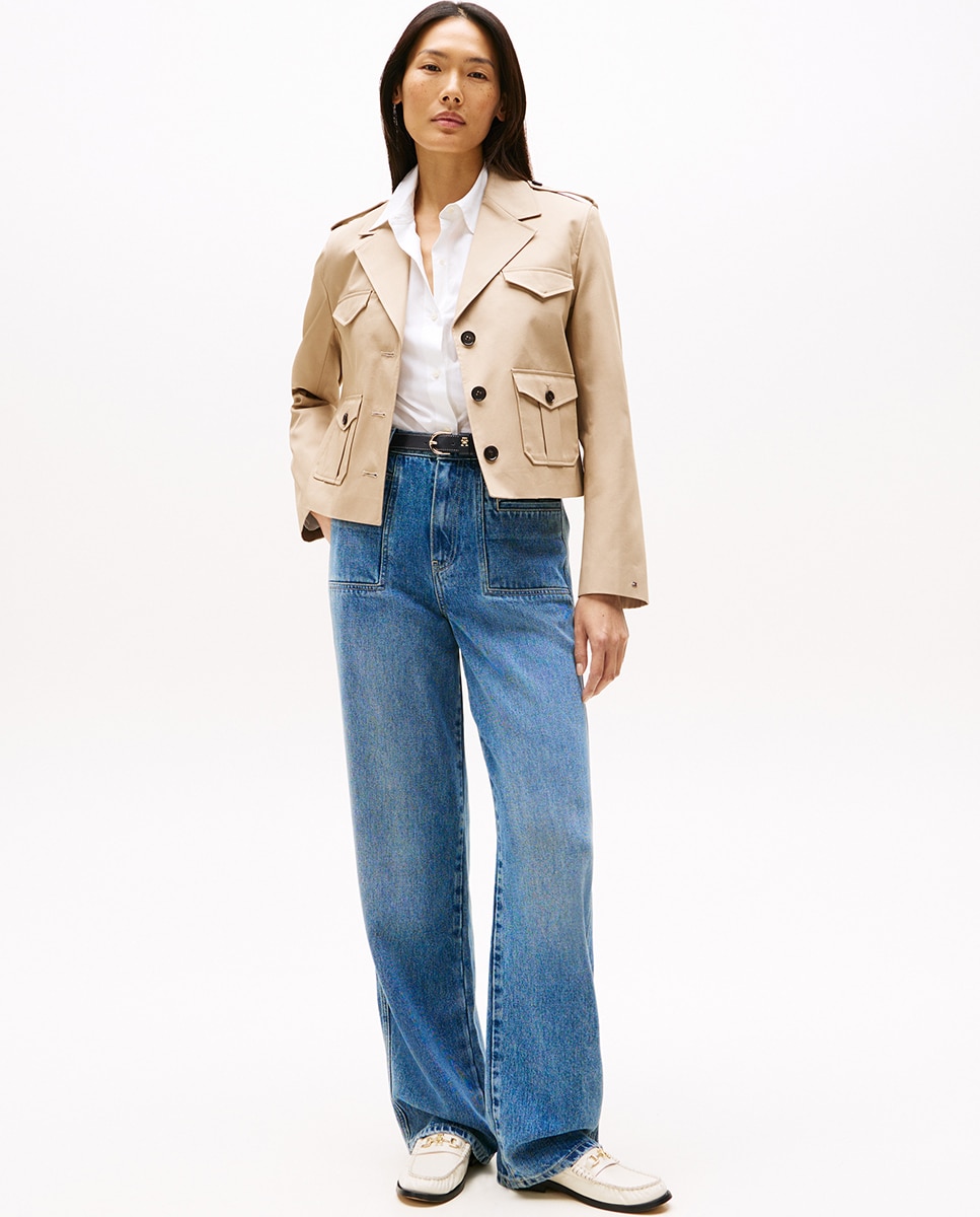 Casaco Curto de Estilo Militar Bege-3