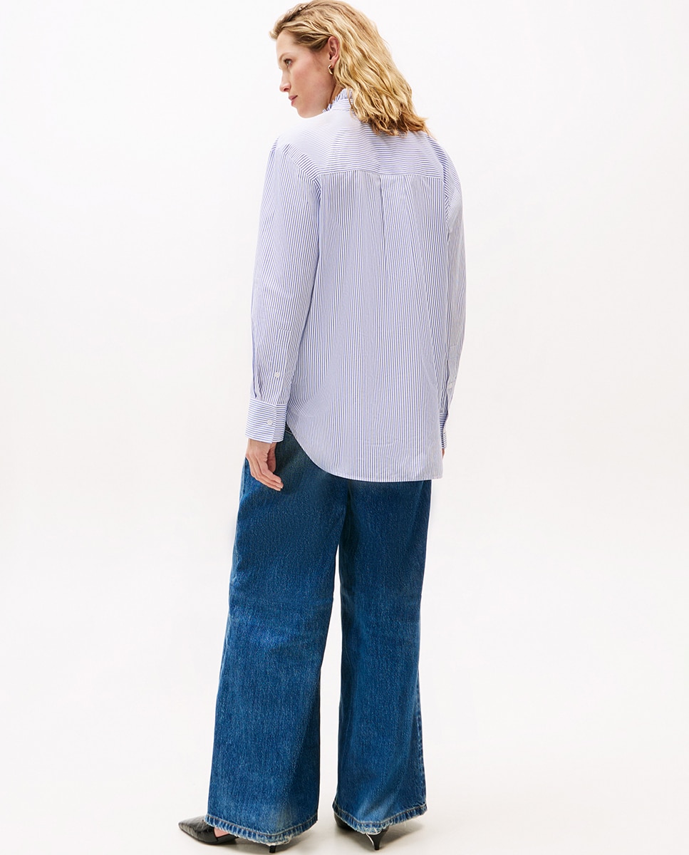 Camisa de Gola Alta e Detalhe de Folhos Azul-índigo-2
