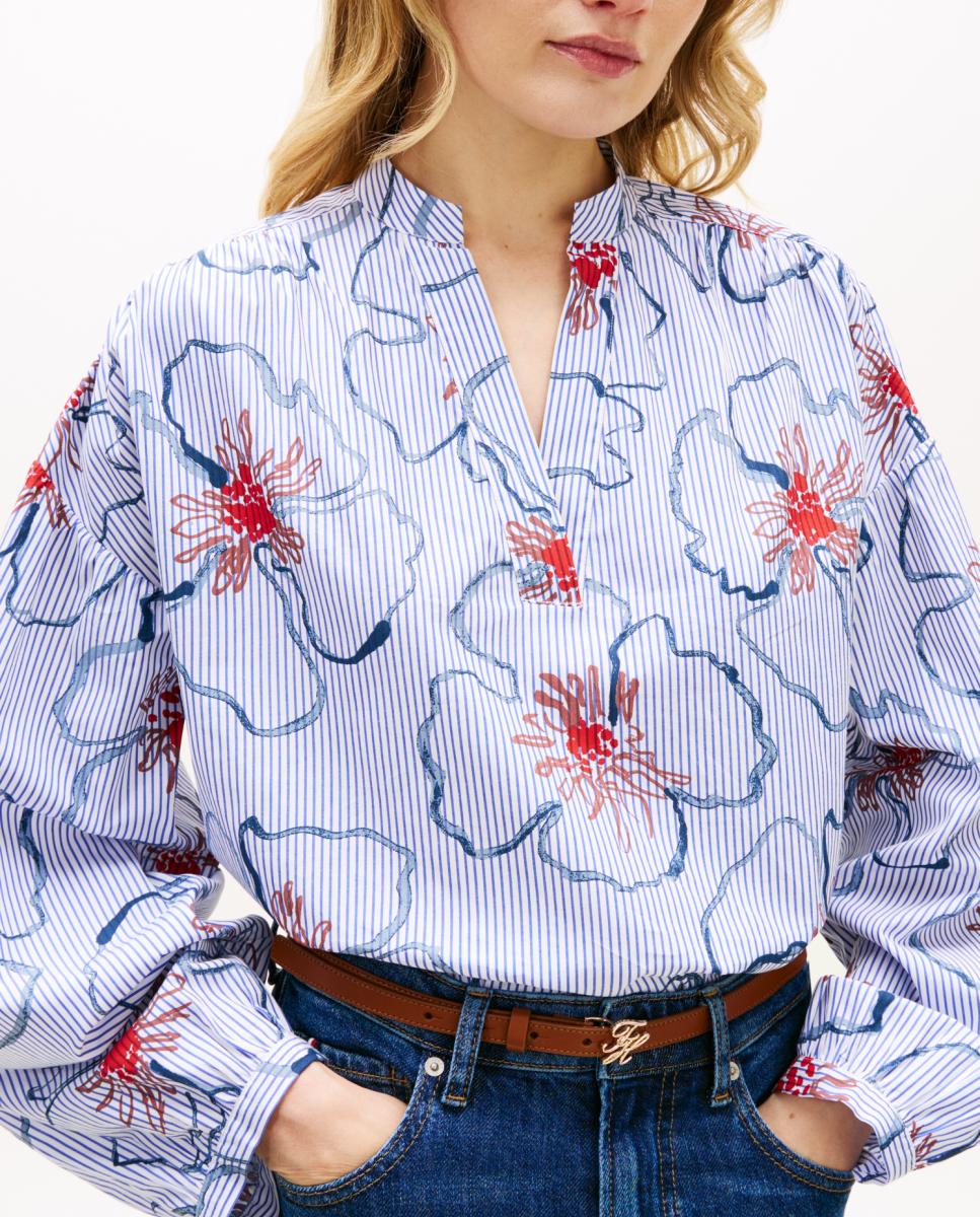 Blusa de Manga Comprida com Estampado Floral Gráfico Azul-claro-3