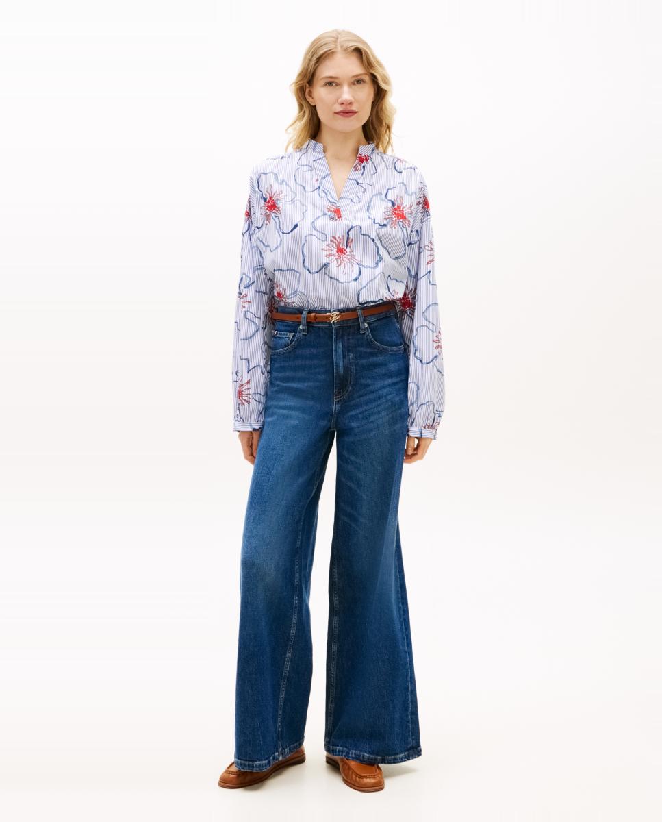 Blusa de Manga Comprida com Estampado Floral Gráfico Azul-claro-8