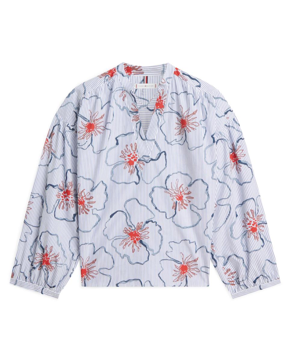 Blusa de Manga Comprida com Estampado Floral Gráfico Azul-claro-4
