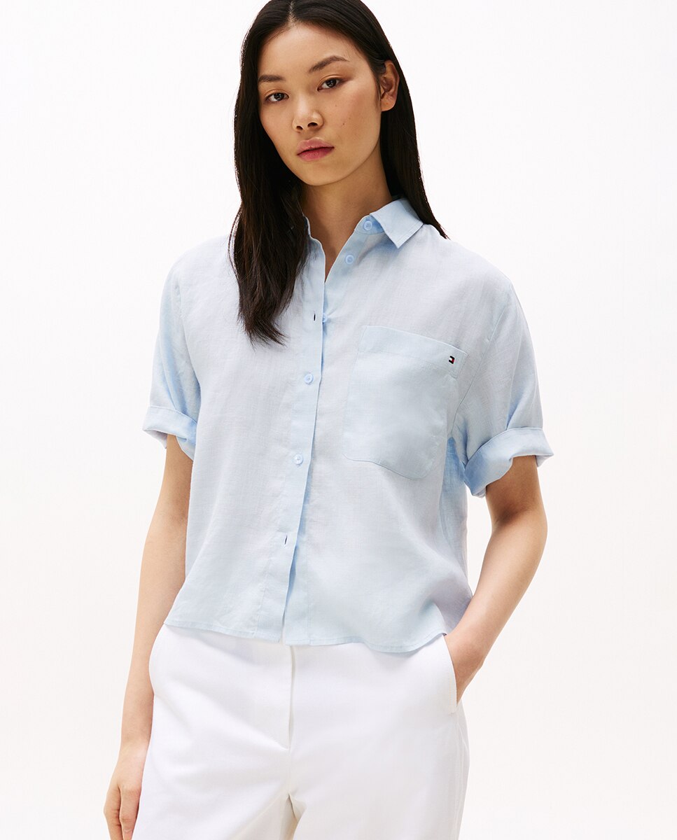 Camisa de mujer de manga corta de lino - Tommy Hilfiger - Azul claro Azul claro-1