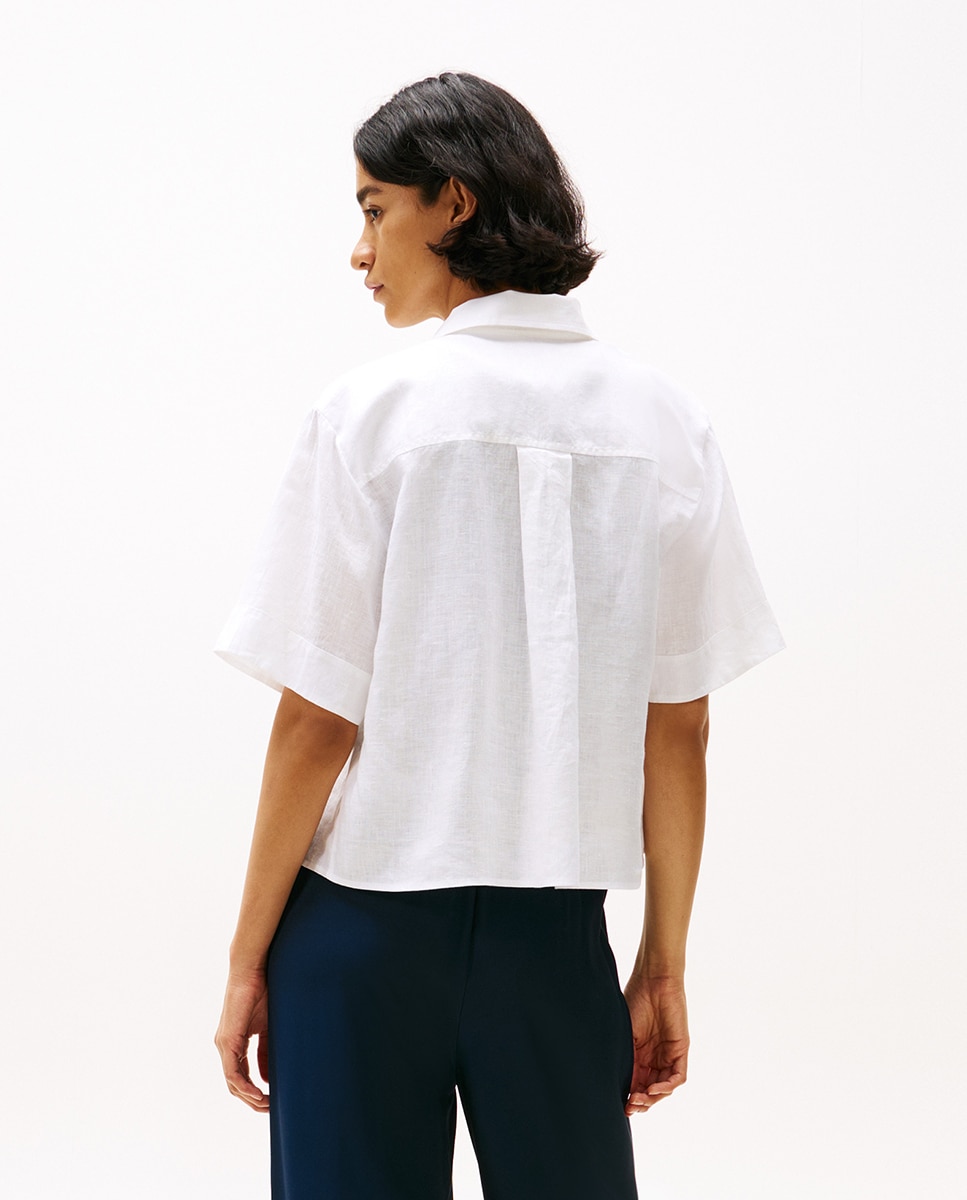 Camisa de Linho com Manga Curta Branco-2