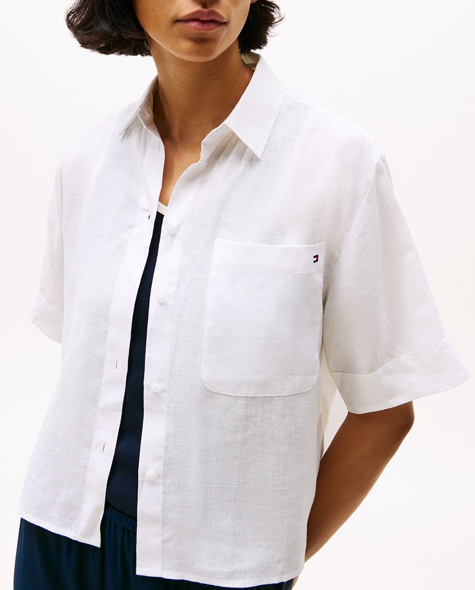 Camisa de Linho com Manga Curta Branco-3