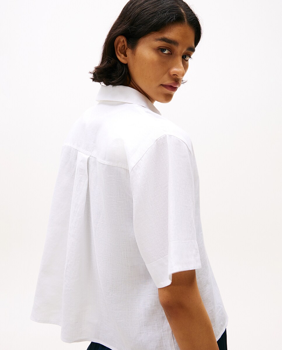 Camisa de Linho com Manga Curta Branco-4