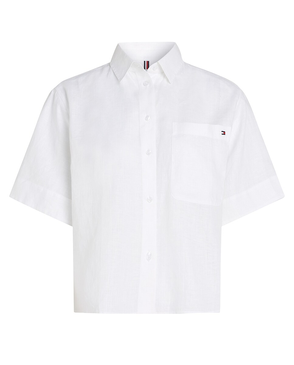 Camisa de Linho com Manga Curta Branco-5