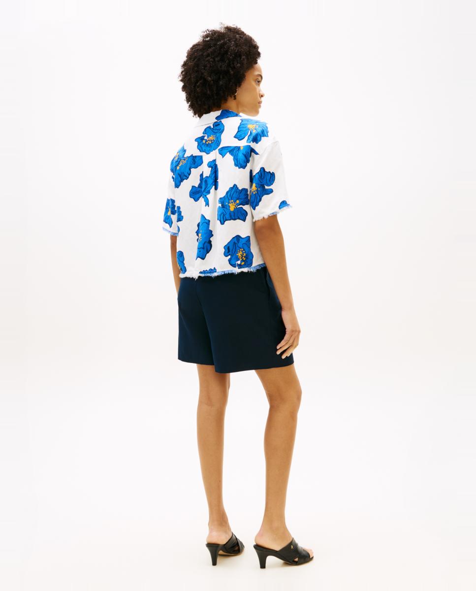 Camisa Estampada em Mistura de Linho e Viscose Azul-índigo-2
