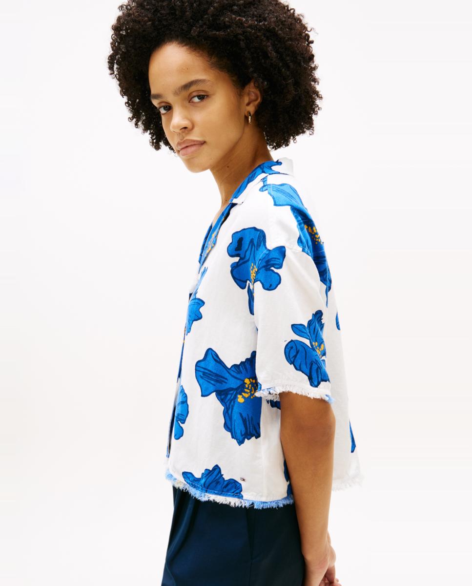 Camisa Estampada em Mistura de Linho e Viscose Azul-índigo-3