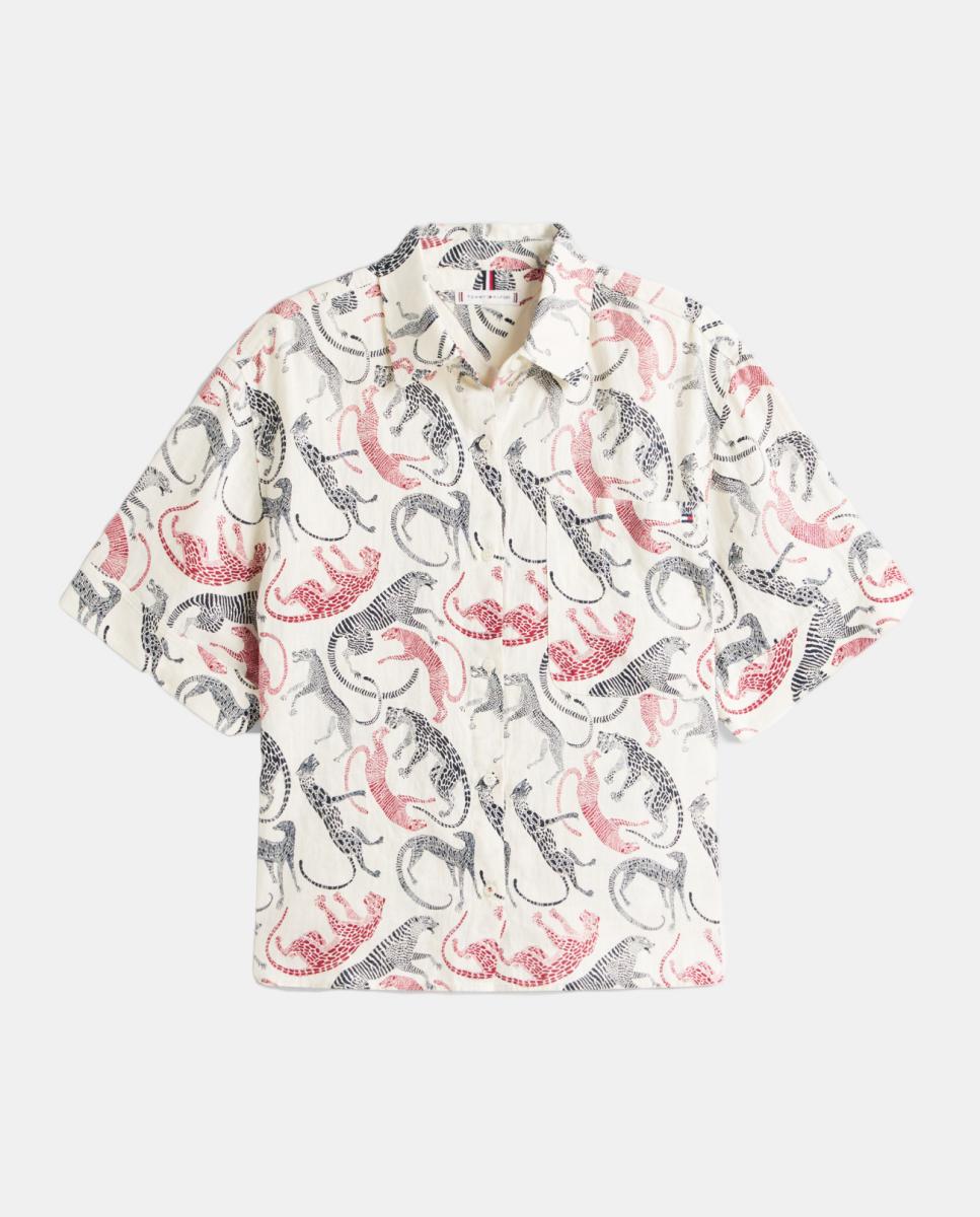 Camisa de Linho com Animal Print de Leopardo Cru-5