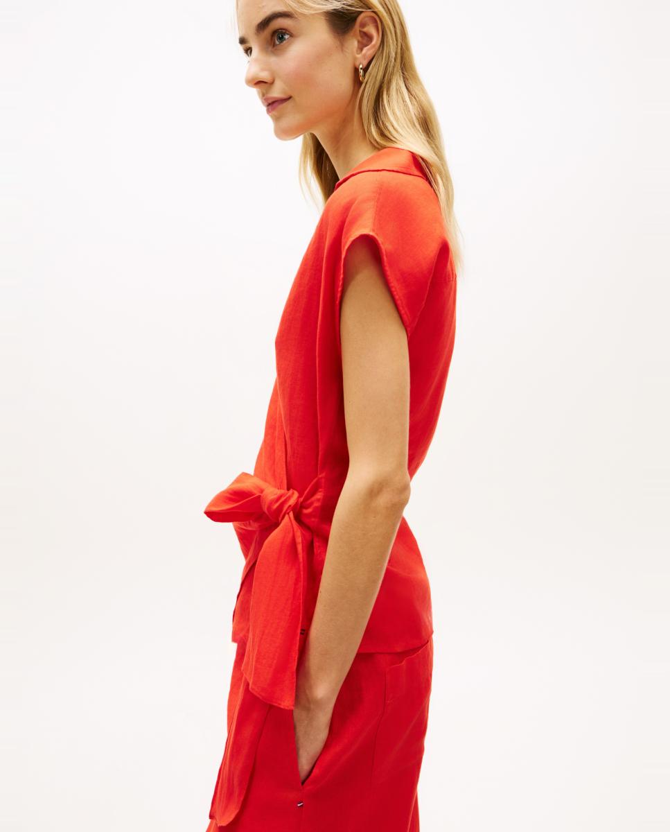 Blusa Cruzada em Linho com Laço Lateral Vermelho-3