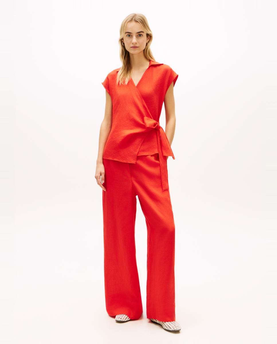 Blusa Cruzada em Linho com Laço Lateral Vermelho-8