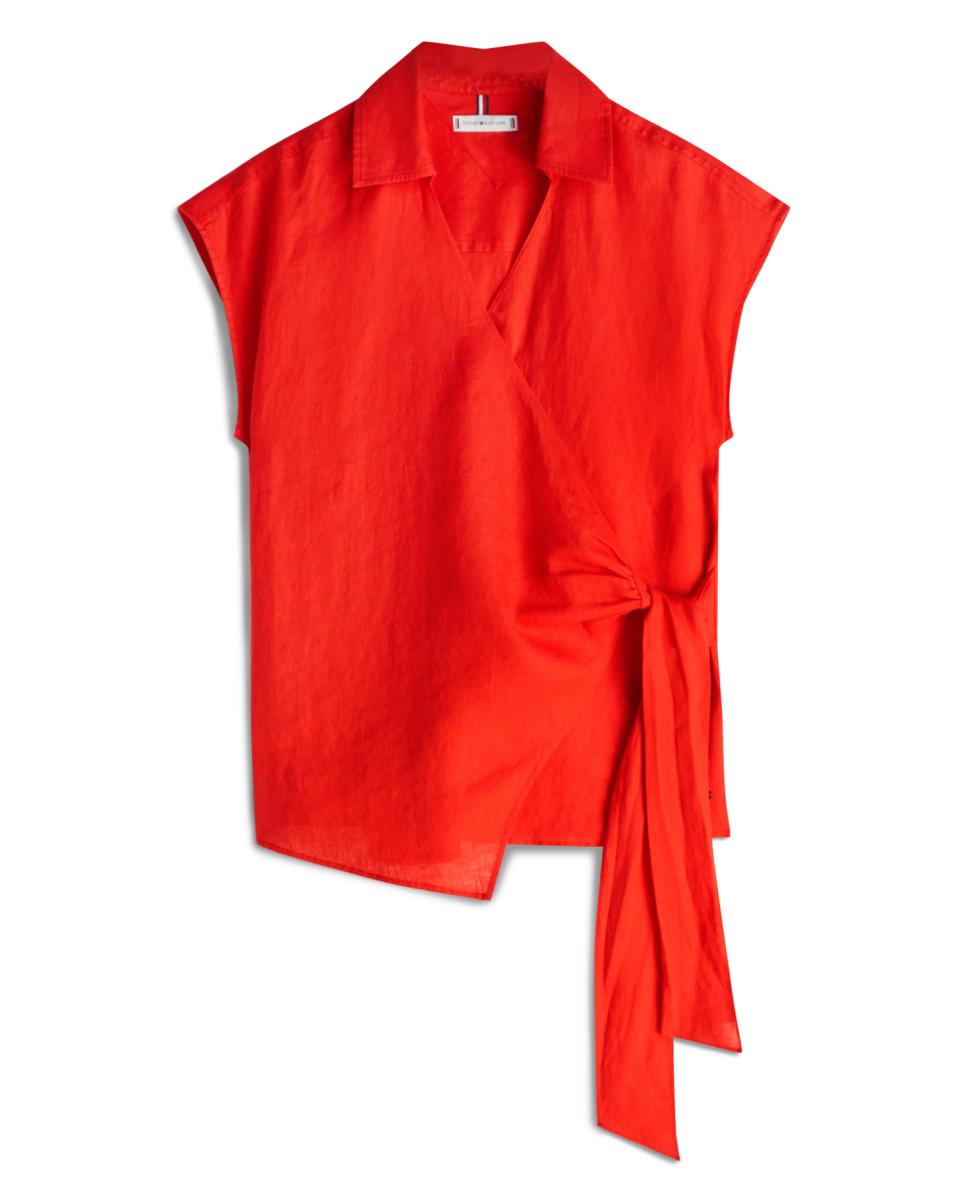 Blusa Cruzada em Linho com Laço Lateral Vermelho-4