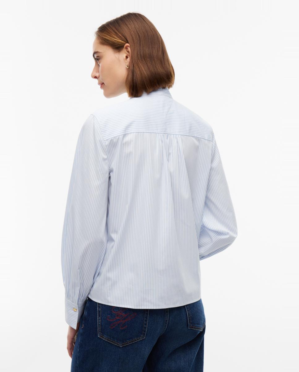 Camisa de Manga Comprida com Laço no Colarinho Azul-claro-3