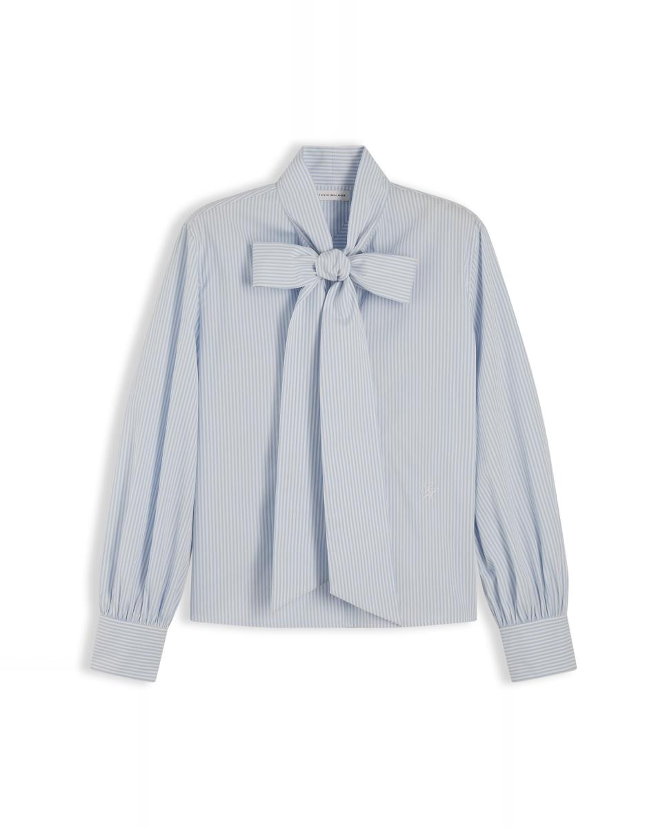 Camisa de Manga Comprida com Laço no Colarinho Azul-claro-4