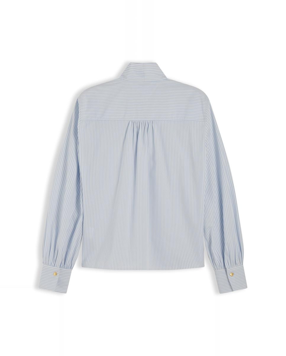 Camisa de Manga Comprida com Laço no Colarinho Azul-claro-5
