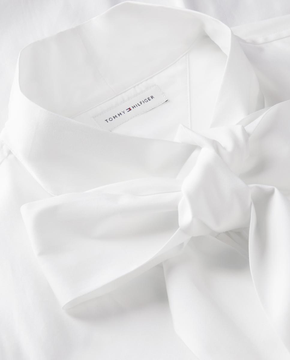 Camisa de Manga Comprida com Laço no Colarinho Branco-4