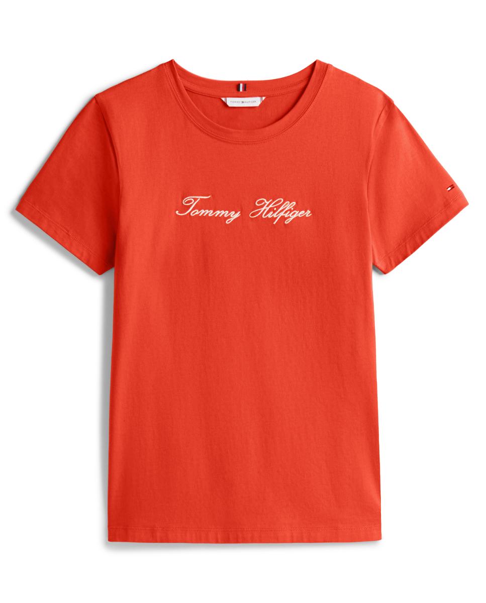 T-shirt de Manga Curta com Logótipo Cursivo Bordado Laranja-3