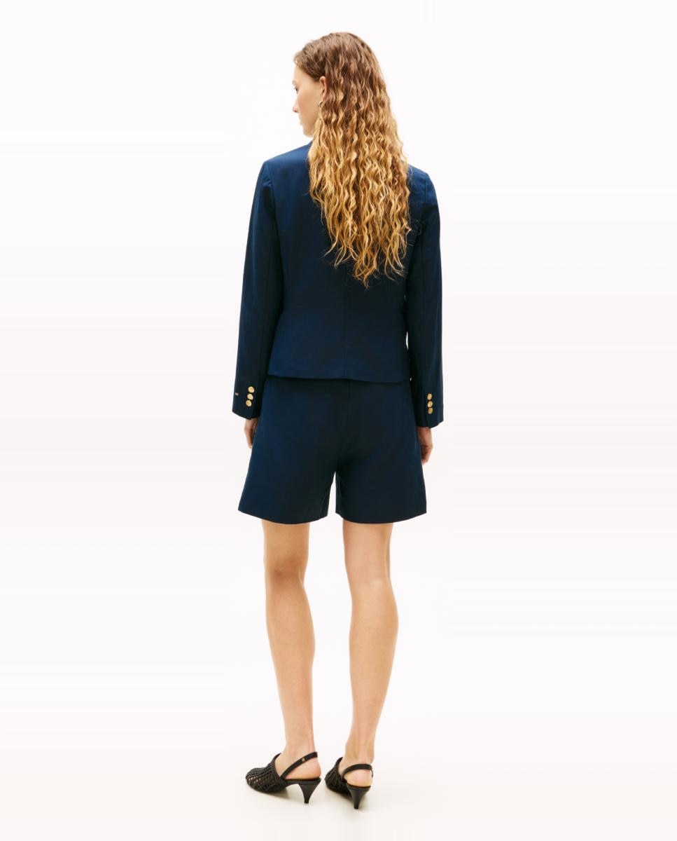 Blazer Cintado de Linho com Botões Dourados Azul-marinho-2