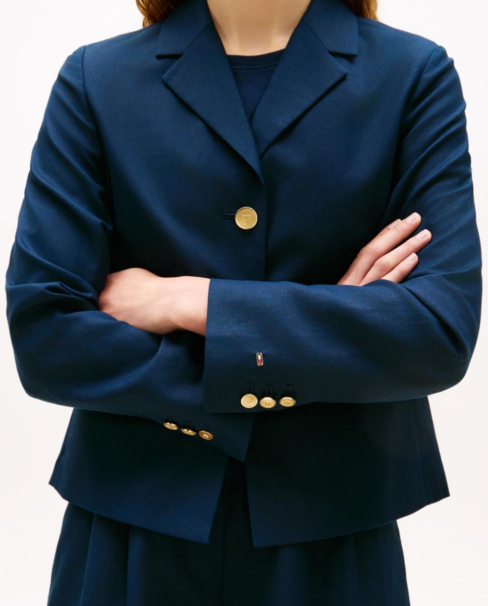 Blazer Cintado de Linho com Botões Dourados Azul-marinho-3